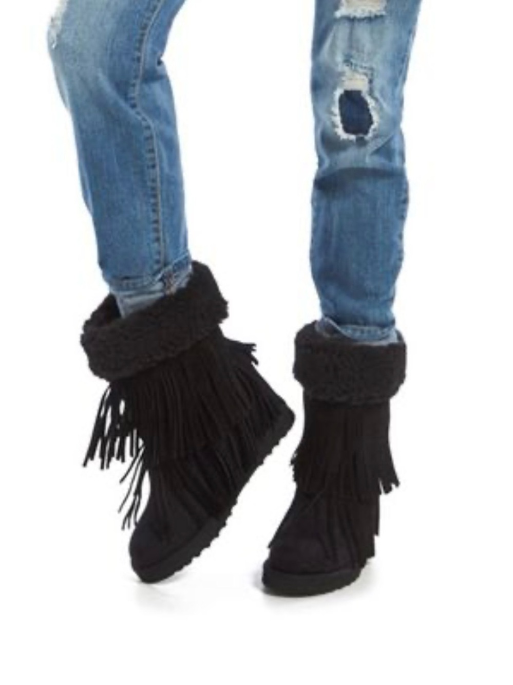 Madden Girl Sleet 1018 Blk Suede Fringe Hidden Wedge Y2K Indie Winter Boots SZ 7